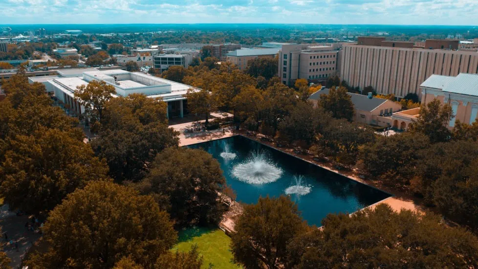 Aerial view of Thomas Cooper Library and the reflecting pool in front of it.