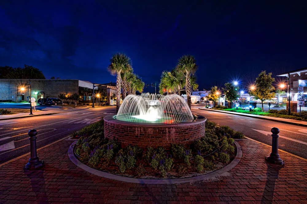Five Points fountain at night