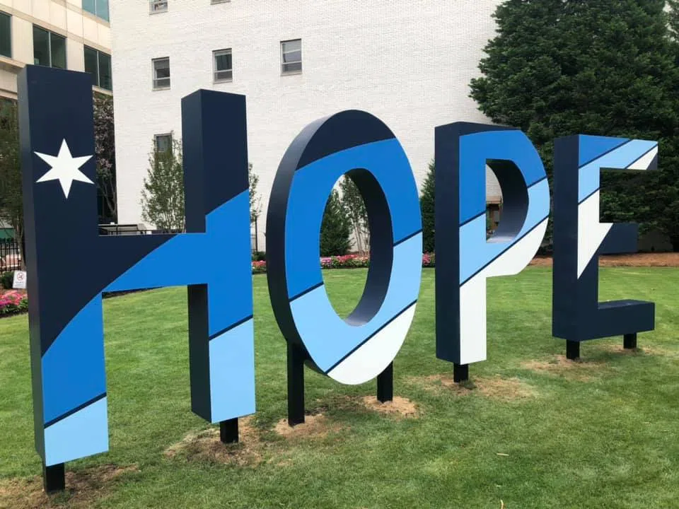 Close up view of the Hope public art installation on Main Street