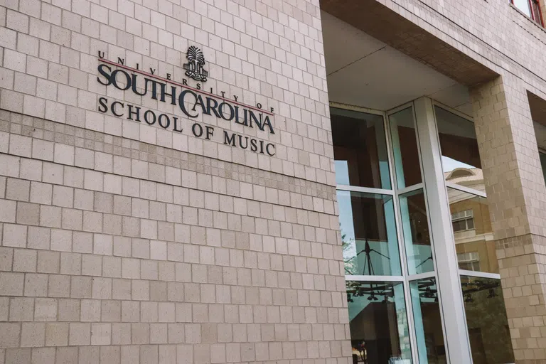 View of the front of the School of Music during the day