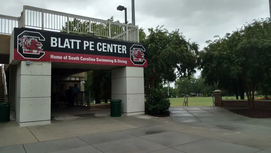 View of the front of the Blatt PE Center during the day