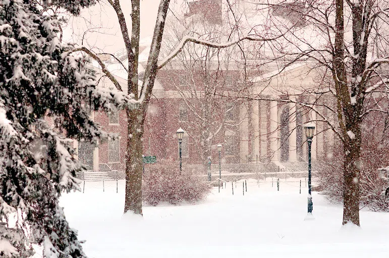 View of Waterman building during a snowfall.