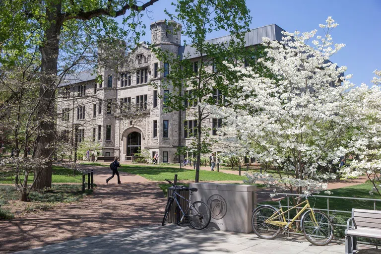 Exterior of Vanderbilt's Furman hall with a blooming dogwood tree in the foreground