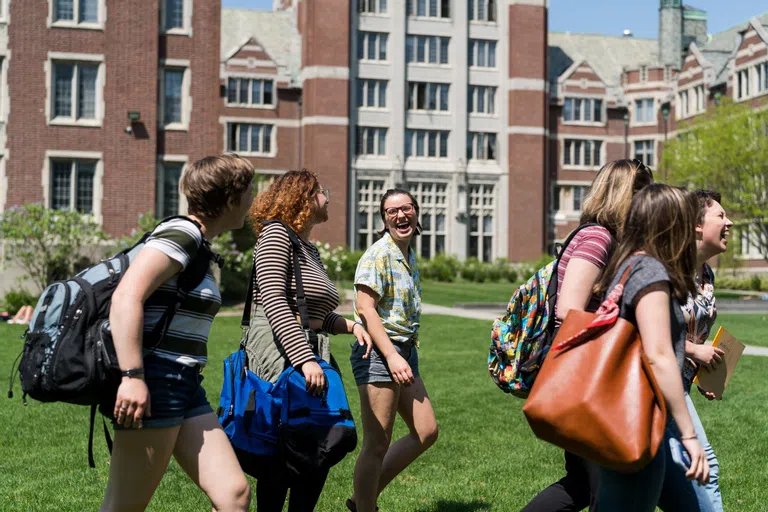 Wellesley students walking through Tower Court courtyard