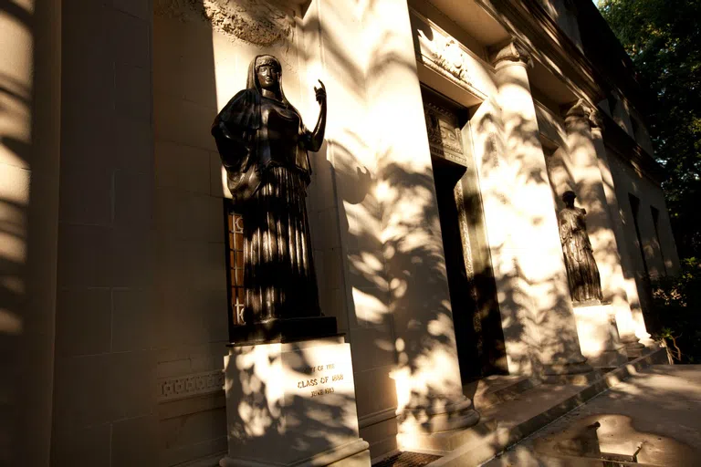 Clapp Library exterior at sunset