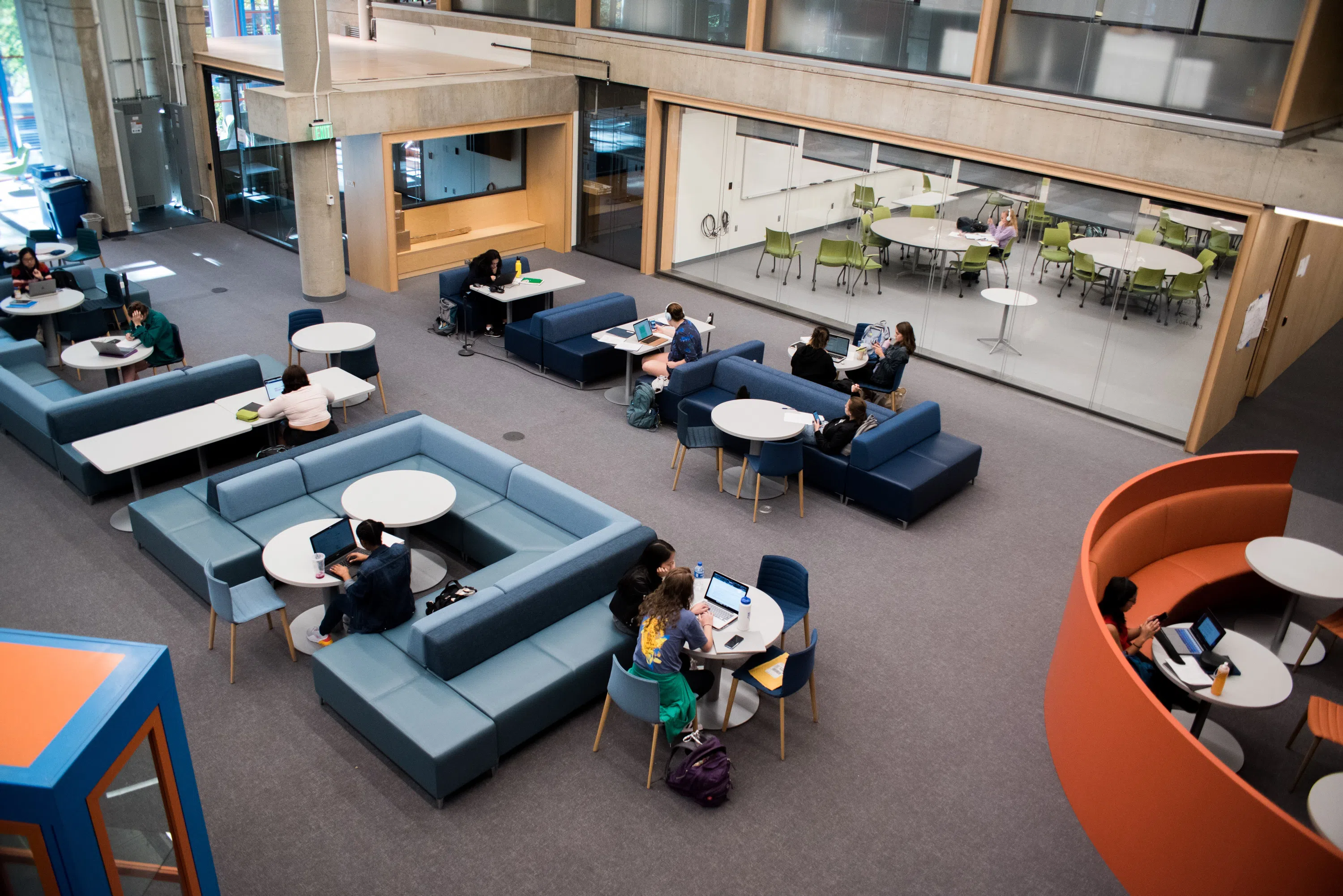Wellesley students studying in the Data Lounge, an open study space in the Science Center