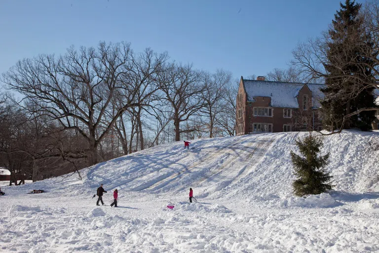 Wellesley students 'traying' down Sev Hill