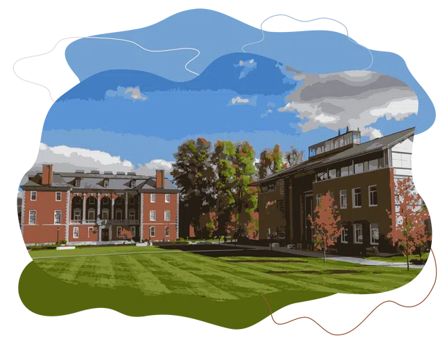 An image facing upward from a walkway at a rainbow, green trees and slightly cloudy skies, with the high peak of Thompson Chapel, a gray tower, looming above, and Griffin Hall, a red brick building with a small gold dome above, visible 