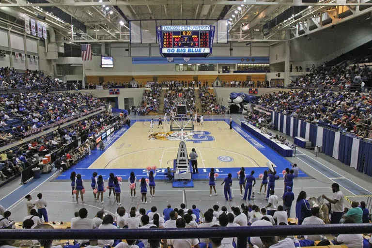 Fans in the stands inside the Gentry Complex during a basketball game