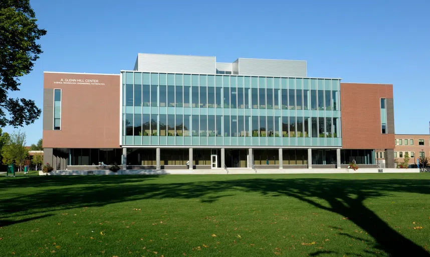 Exterior photo of A. Glenn Hill Center overlooking Churchill Field.