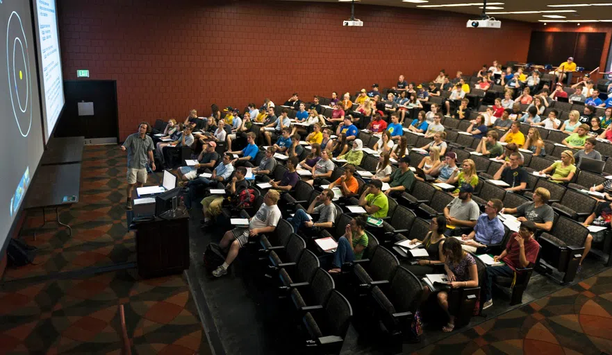 Students take many general education courses in Gate City Bank Auditorium, from biology and chemistry, to history and psychology.